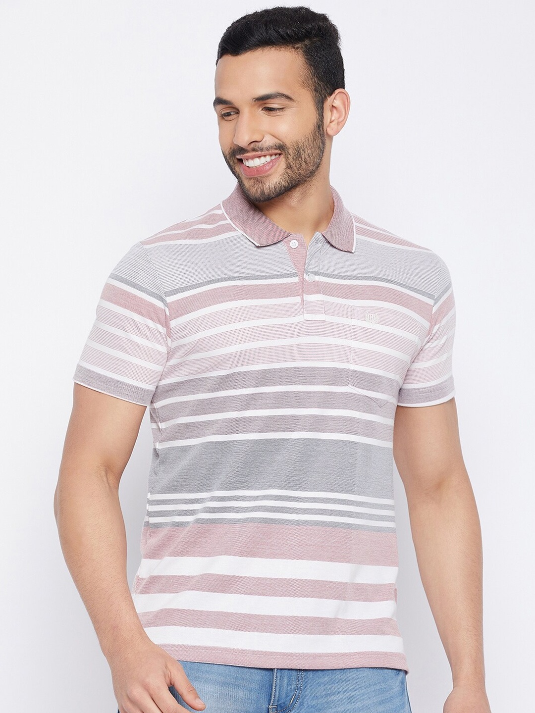 

Duke Striped Polo Collar Short Sleeves Cotton T-shirt, Peach