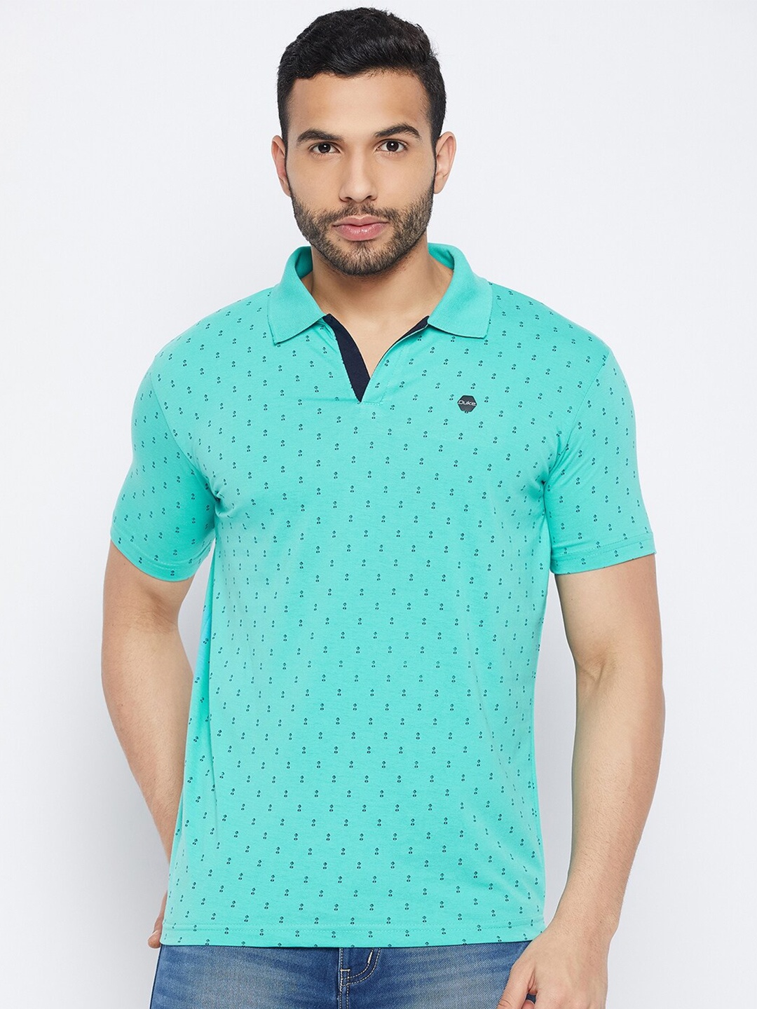 

Duke Polo Collar Micro or Ditsy Print Slim Fit Cotton T-shirt, Turquoise blue