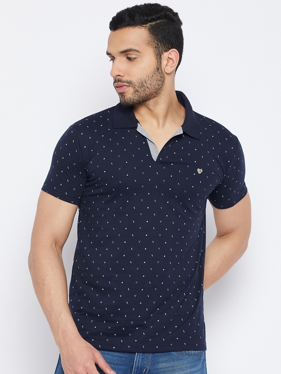 

Duke Micro And Ditsy Printed Polo Collar Cotton Slim Fit T-shirt, Blue