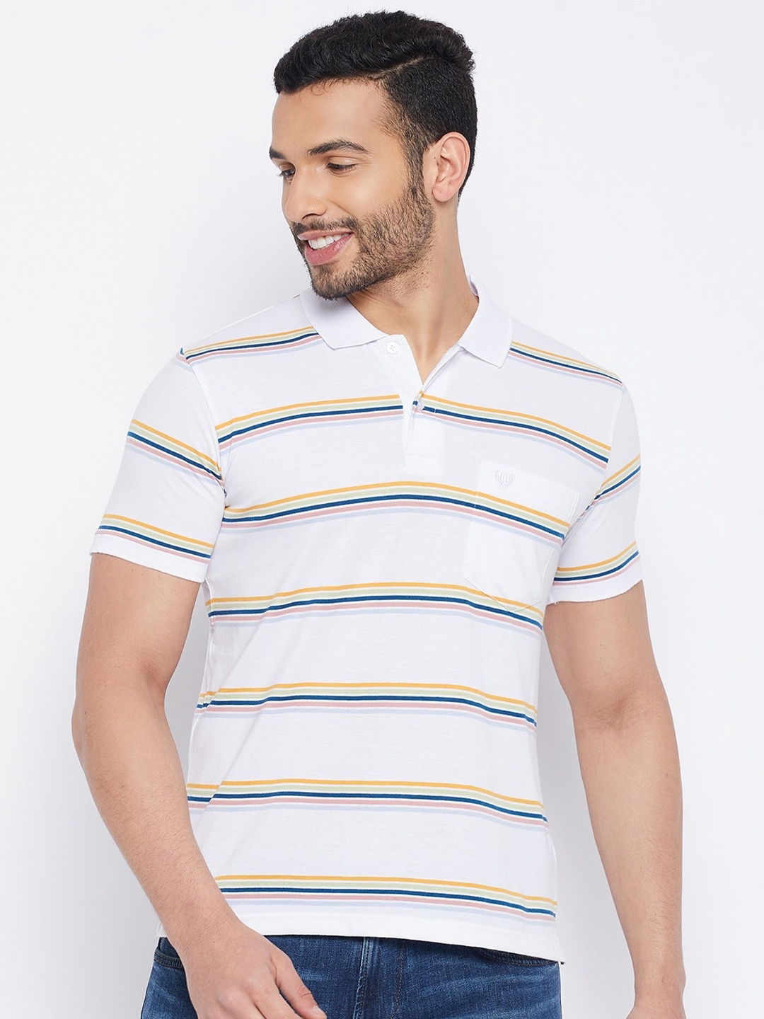 

Duke Striped Polo Collar Cotton T-shirt, White