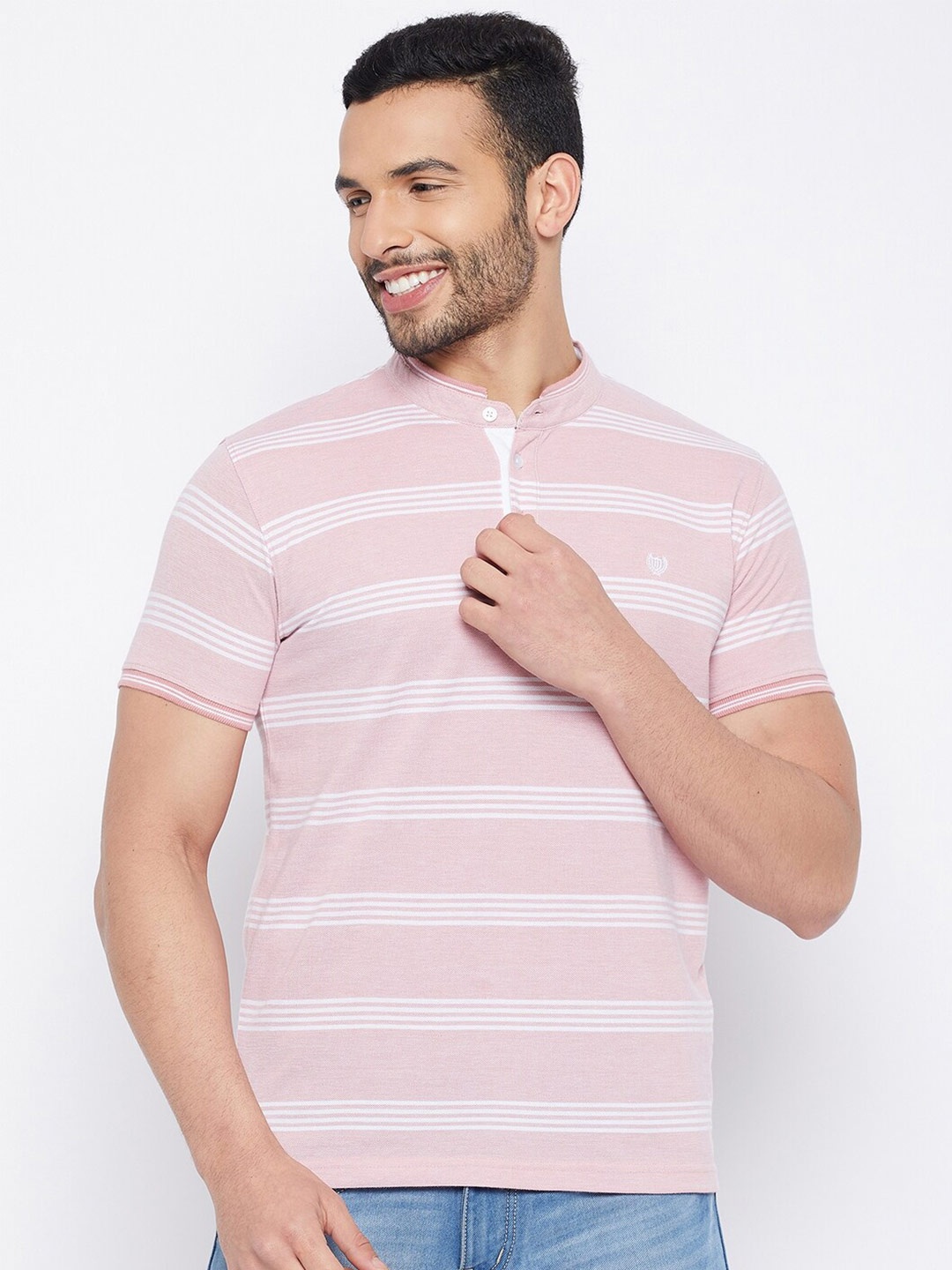 

Duke Striped Henley Neck Slim Fit Cotton T-shirt, Pink