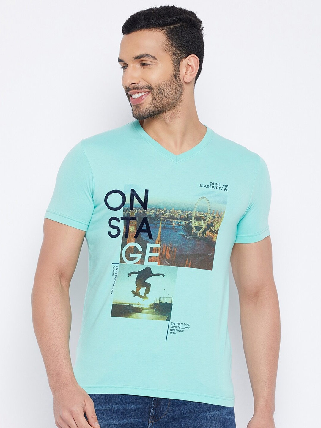 

Duke People and Places Printed V-Neck Cotton Slim Fit T-shirt, Turquoise blue