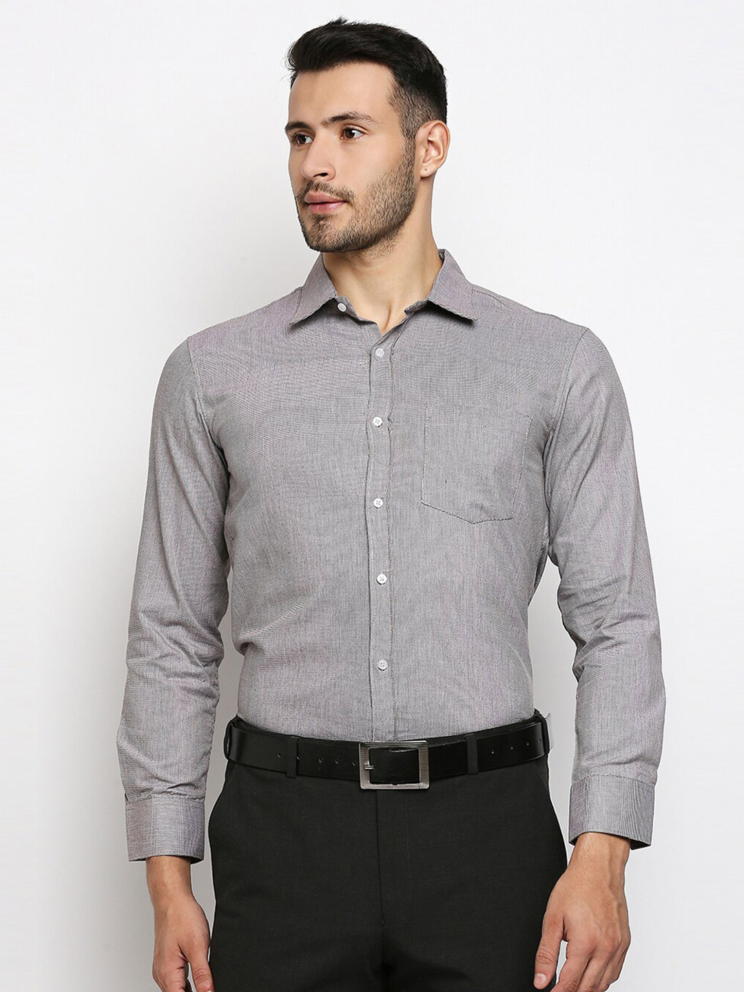 

MOD ECRU Slim Fit Vertical Striped Pure Cotton Formal Shirt, Grey