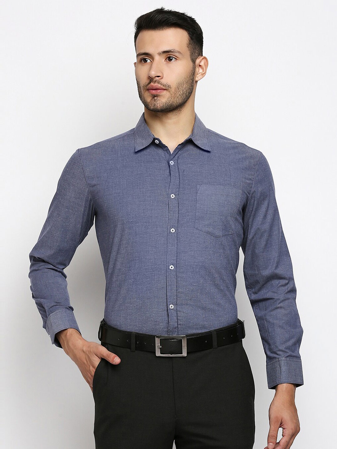 

MOD ECRU Spread Collar Slim Fit Cotton Formal Shirt, Navy blue