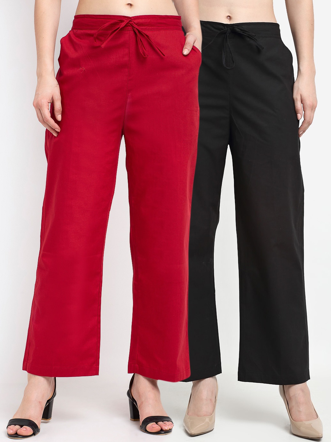 

Jinfo Women Pack Of 2 Cotton Smart Loose Fit Parallel Trousers, Black