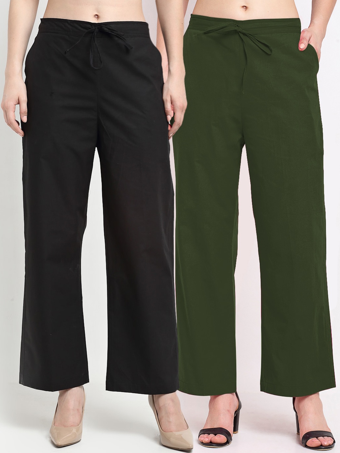 

Jinfo Pack Of 2 Mid-Rise Smart Loose Fit Plain Cemric Cotton Parallel Trousers, Black