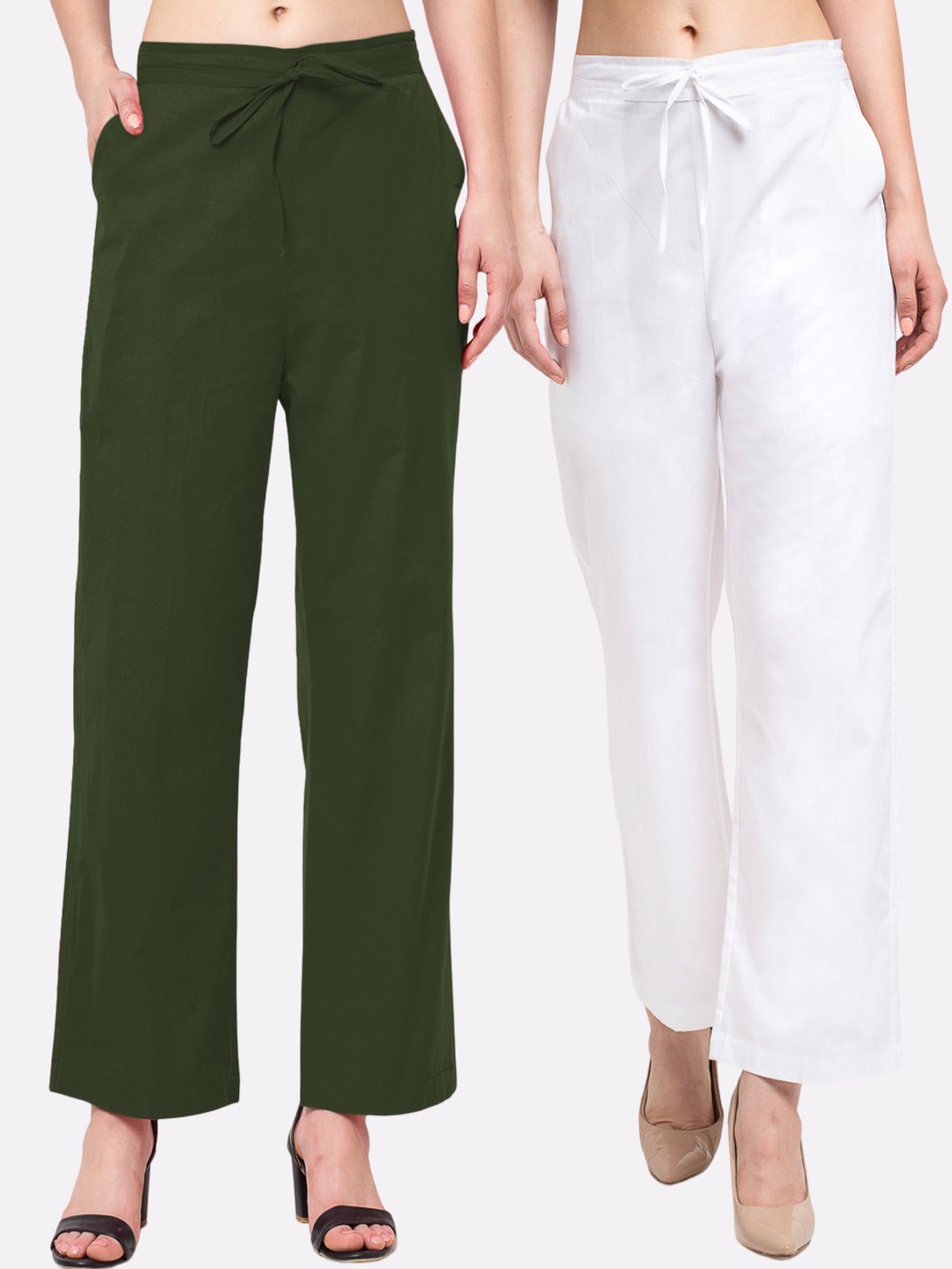 

Jinfo Women Pack of 2 Smart Loose Fit Pure Cotton Parallel Trousers, White