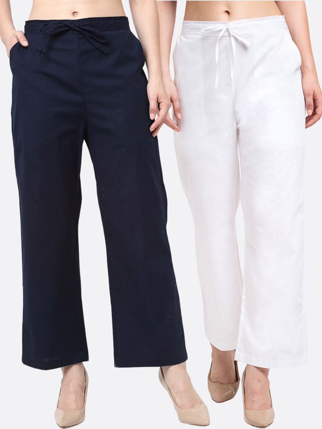 

Jinfo Women Pack Of 2 Mid-Rise Smart Cemric Cotton Loose Fit Trousers, White