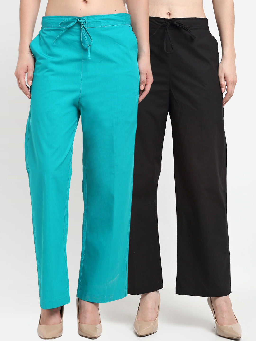 

Jinfo Women Pack Of 2 Cotton Smart Loose Fit Parallel Trousers, Black
