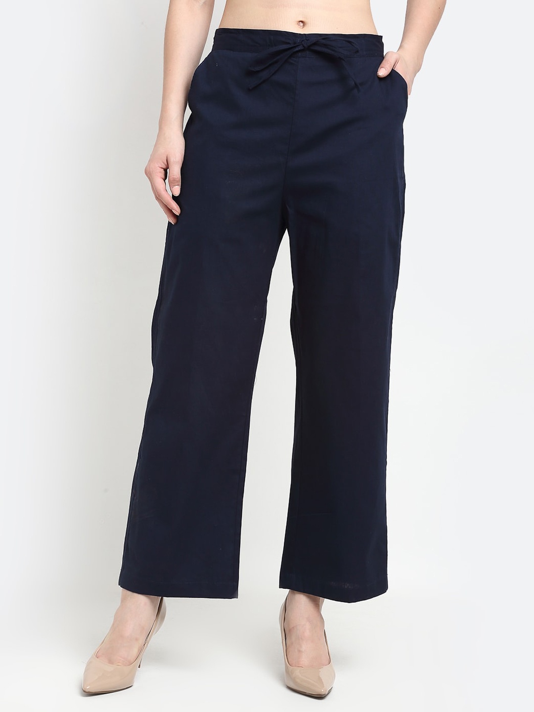 

Jinfo Women Cotton Mid-Rise Smart Loose Fit Parallel Trousers, Navy blue