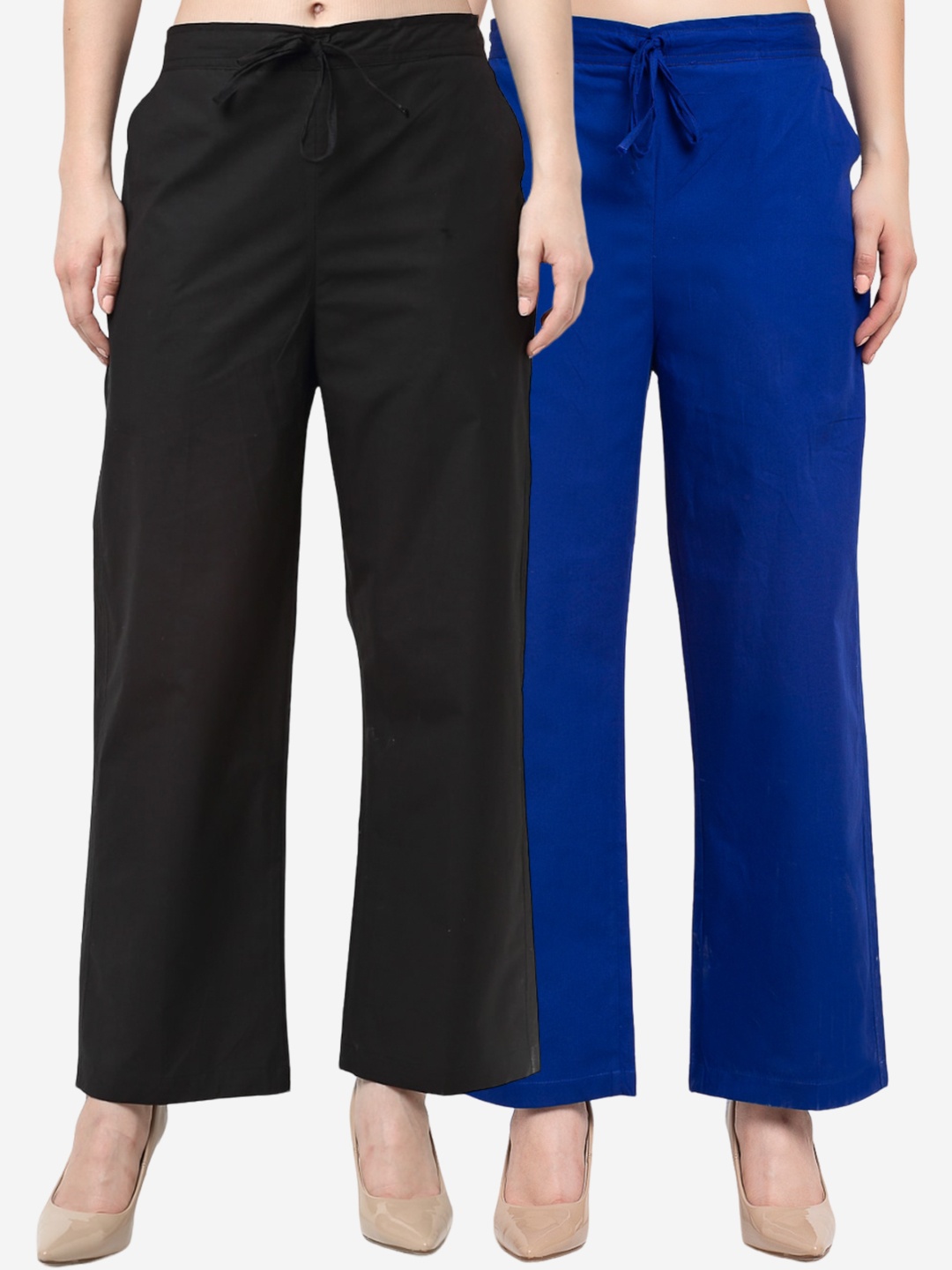 

Jinfo Pack Of 2 Mid-Rise Smart Loose Fit Plain Cemric Cotton Parallel Trousers, Black