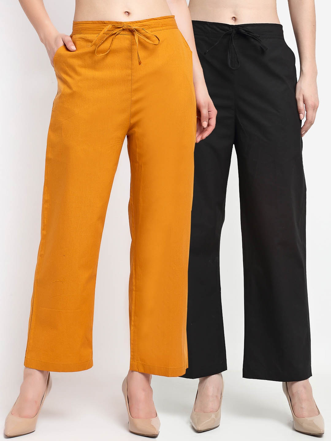 

Jinfo Women Pack Of 2 Mid-Rise Smart Cemric Cotton Loose Fit Trousers, Black