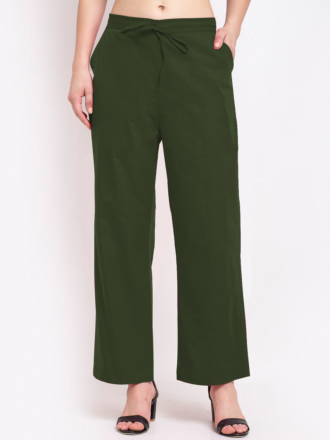 

Jinfo Women Smart Loose Fit Pure Cotton Parallel Trousers, Green