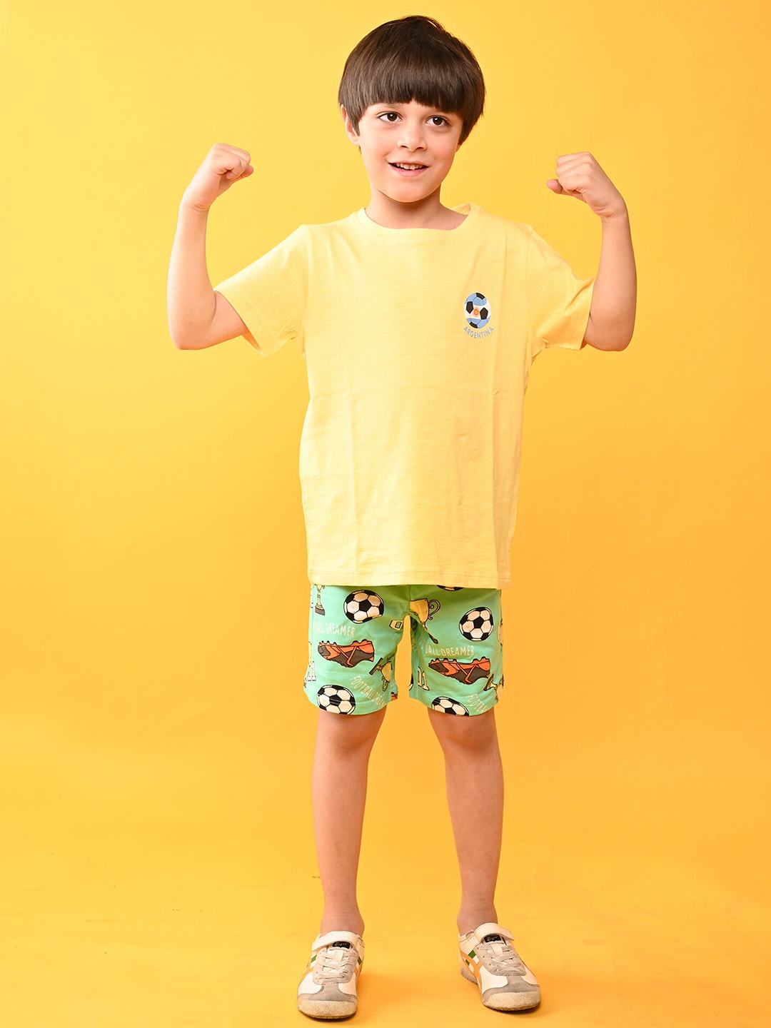 

Anthrilo Boys Graphic Printed Pure Cotton T-shirt with Shorts, Yellow