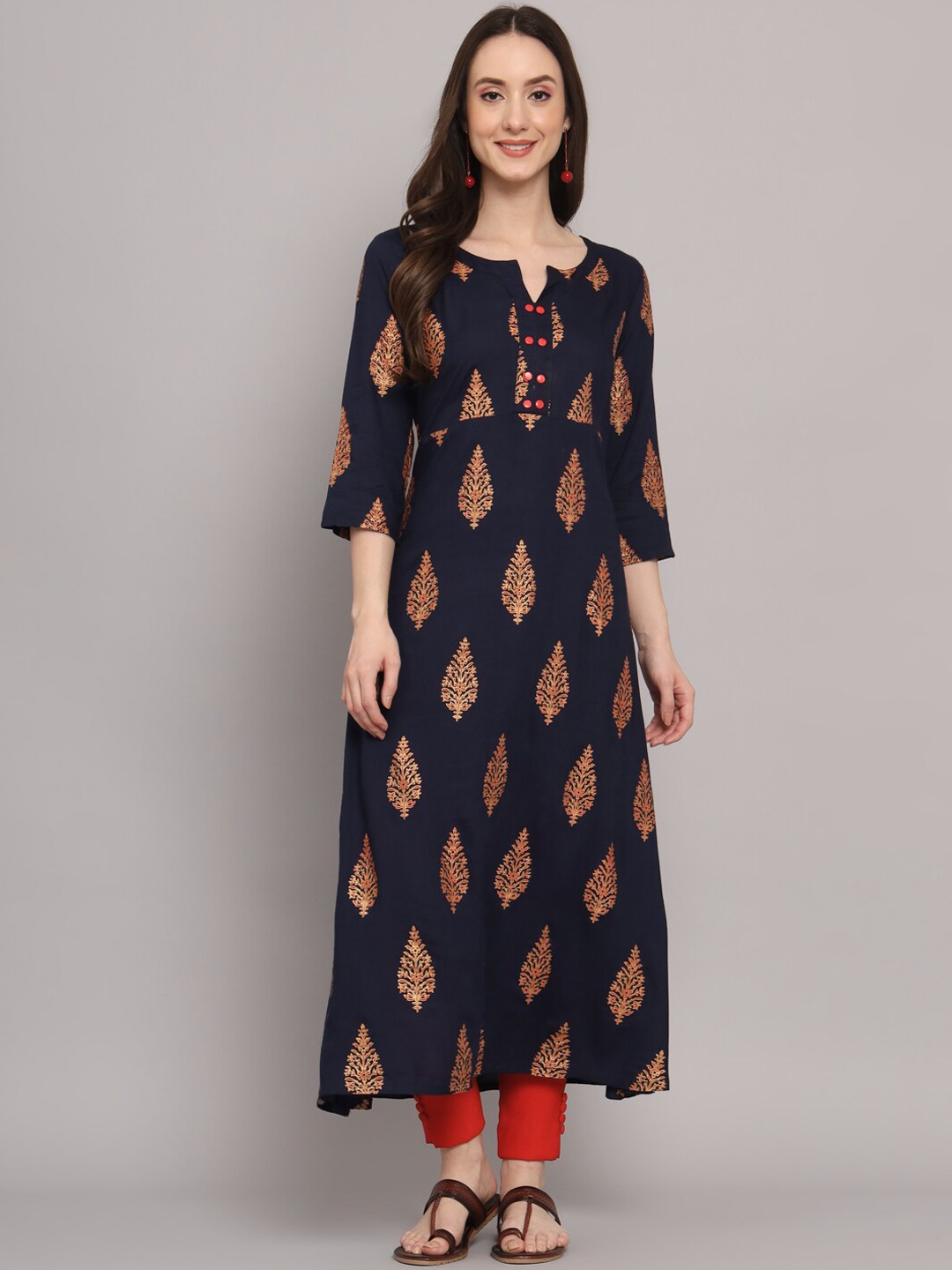 

Myshka Ethnic Motifs Printed Notched Neck A-Line Kurta, Navy blue
