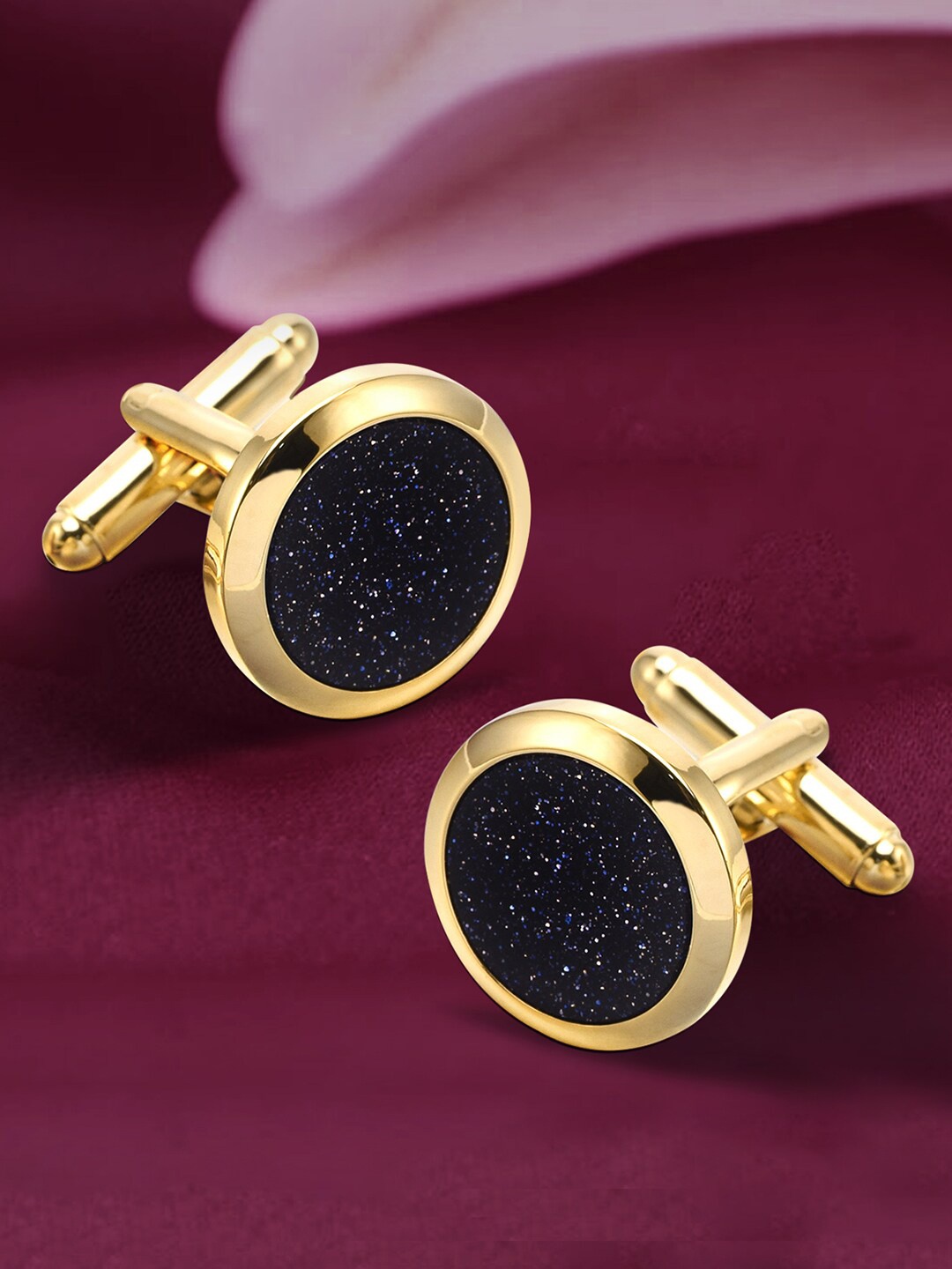 

Peora Men Gold-Plated Textured Round Cufflinks, Black