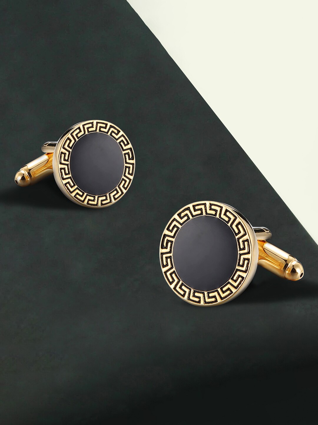 

Peora Men Gold-Plated Printed Round Cufflinks, Black