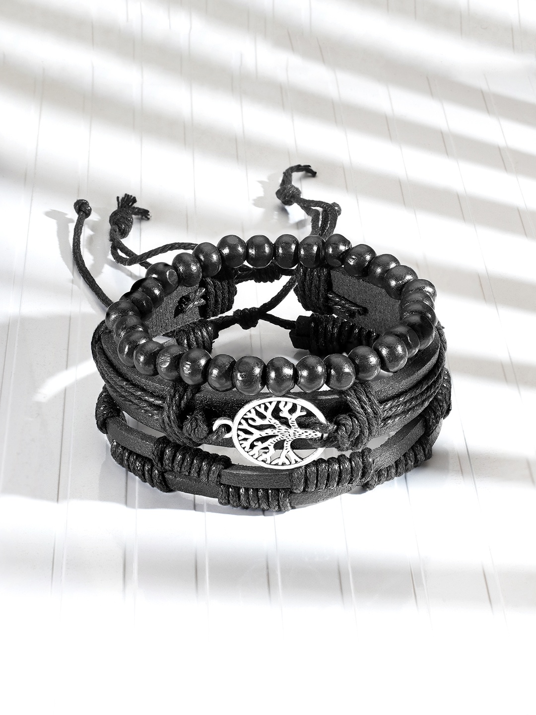

Peora Men Set of 3 Leather Silver-Plated Multistrand Bracelet, Black