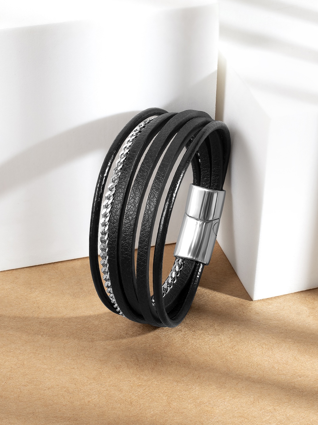

Peora Men Leather Silver-Plated Multistrand Bracelet