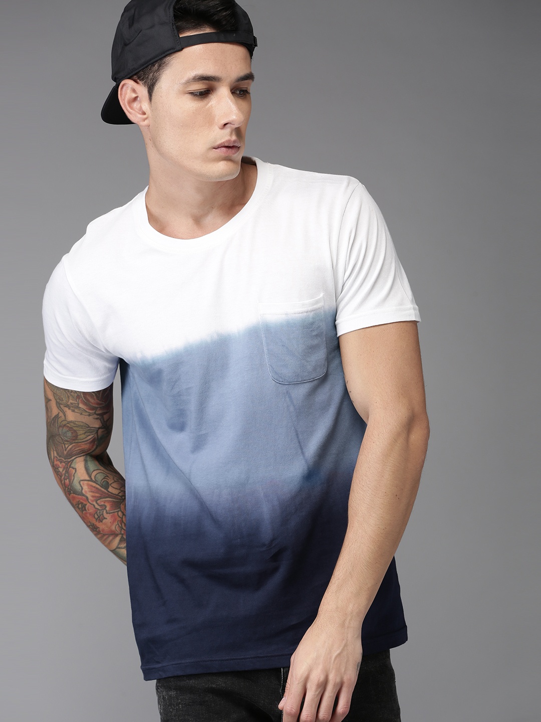 

Moda Rapido Men White Blue Ombre-Dyed Cotton Pure Cotton T-shirt