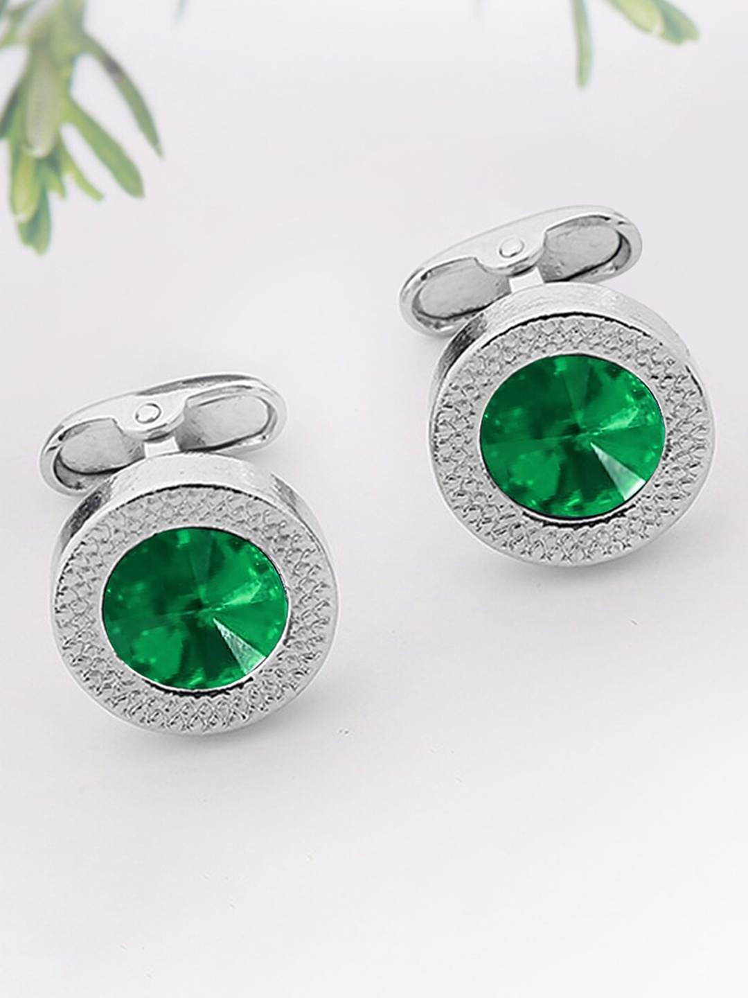 

Peora Men Silver-Plated Textured Round Cufflinks, Green