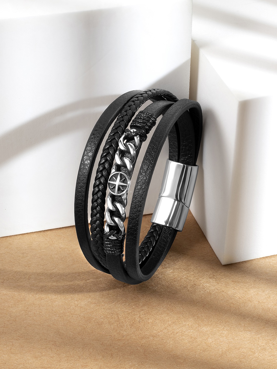 

Peora Men Leather Silver-Plated Multistrand Bracelet