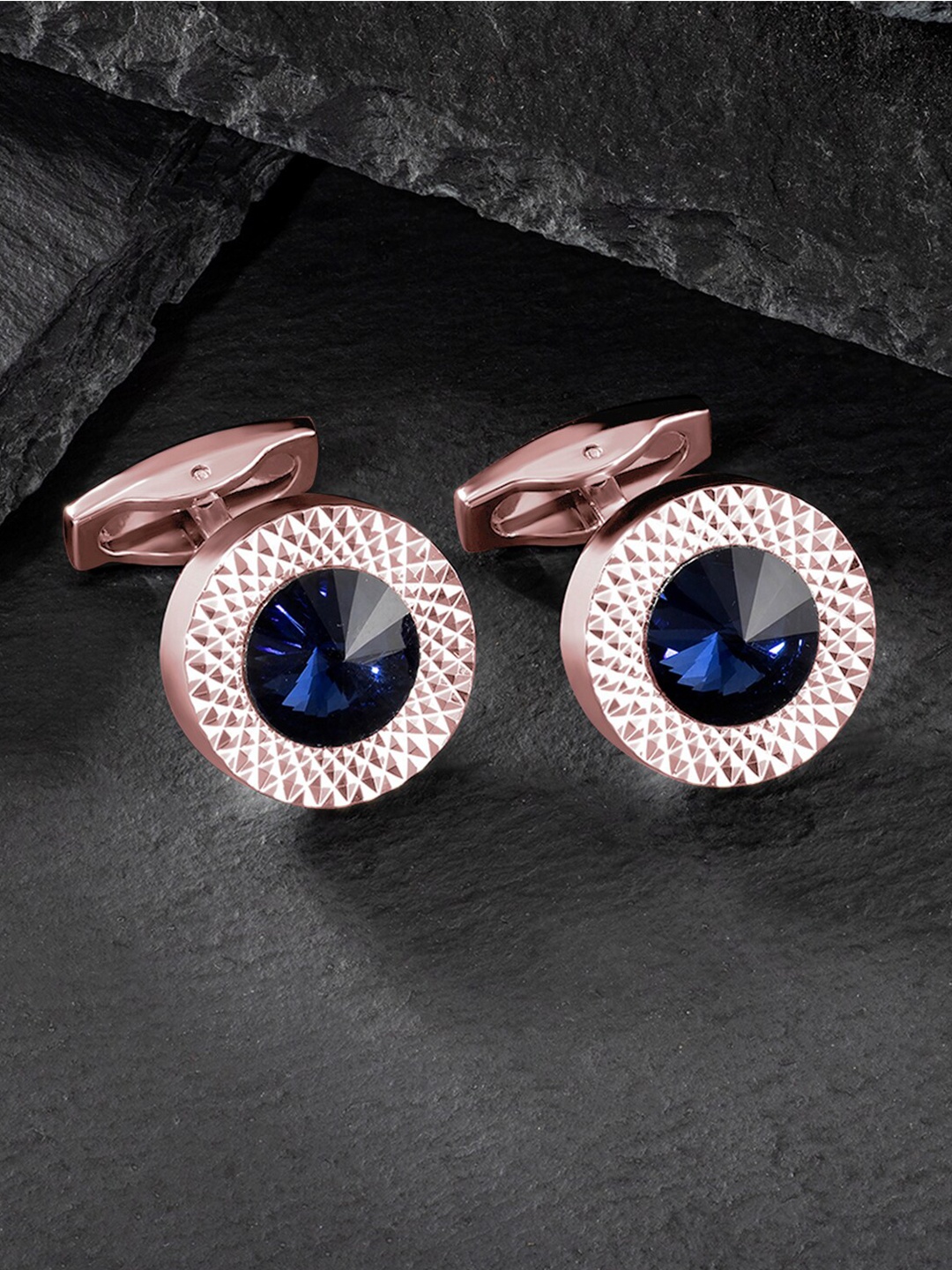

Peora Men Textured Rose Gold-Plated Round Cufflinks, Blue