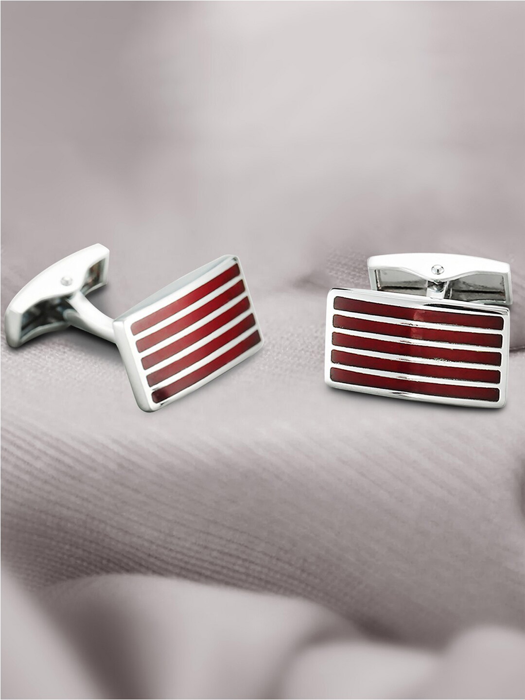 

Peora Men Silver-Plated Striped Rectangle Cufflinks, Red