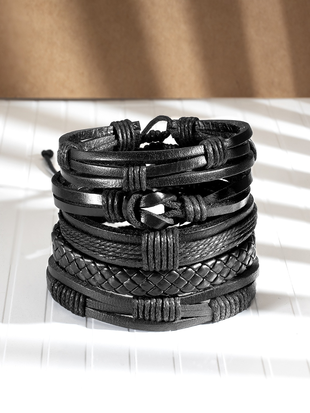 

Peora Men Set Of 5 Leather Multistrand Bracelet, Black