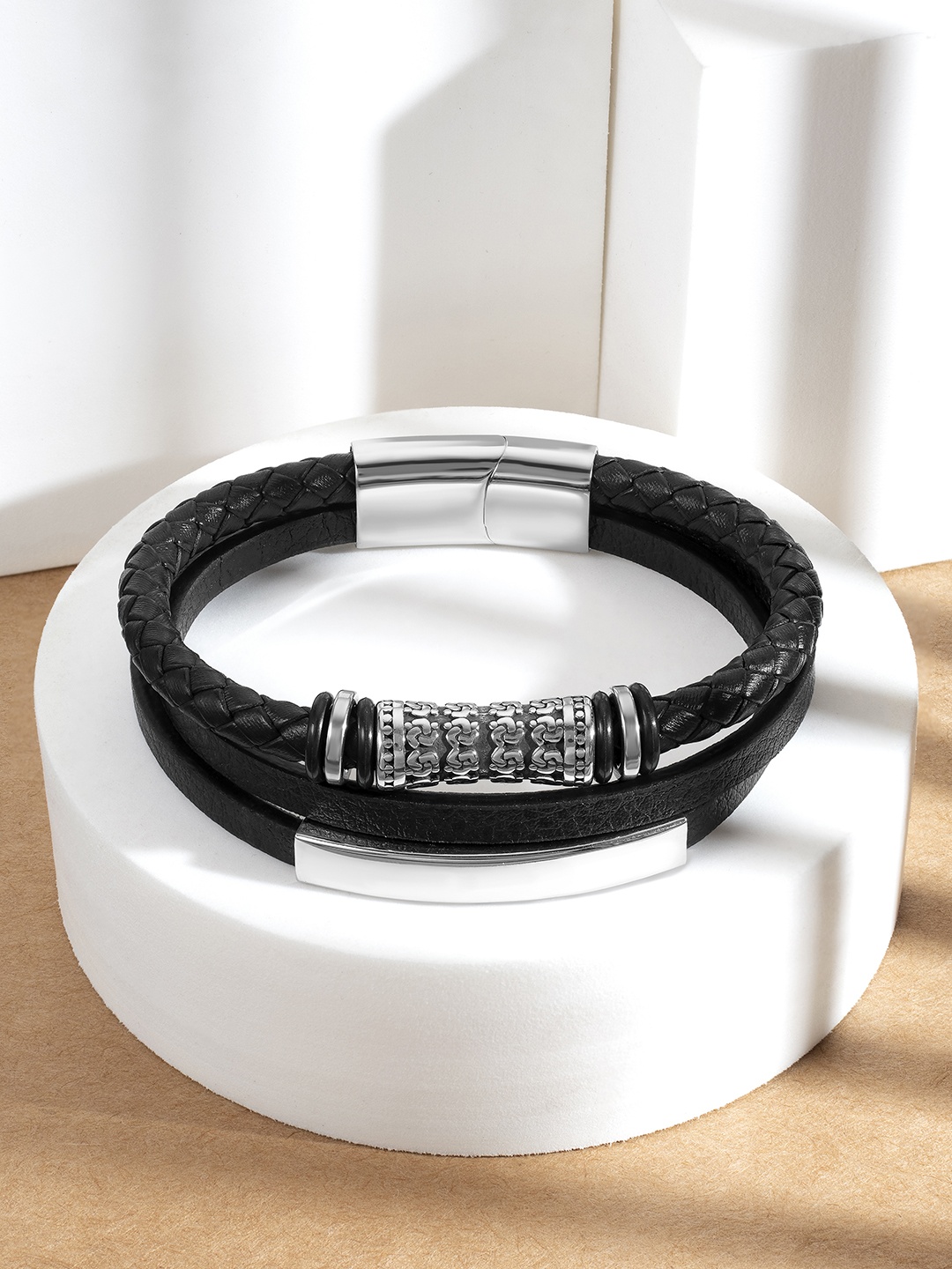 

Peora Men Set Of 4 Leather Silver-Plated Multistrand Bracelet