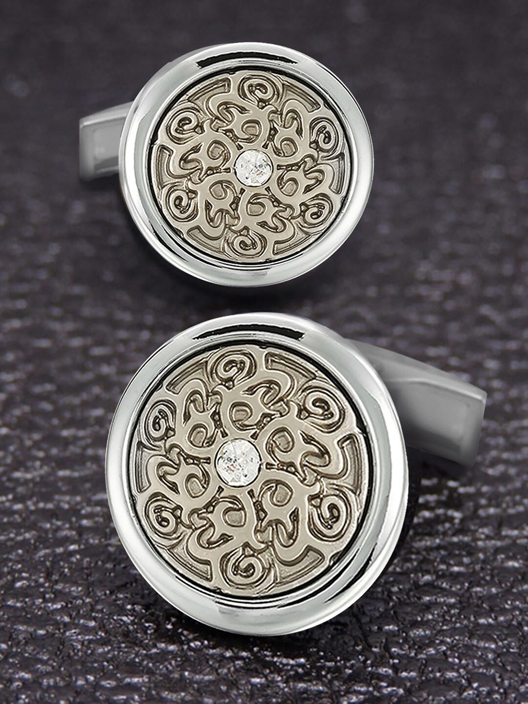 

Peora Men Silver-Plated Textured Round Cufflinks