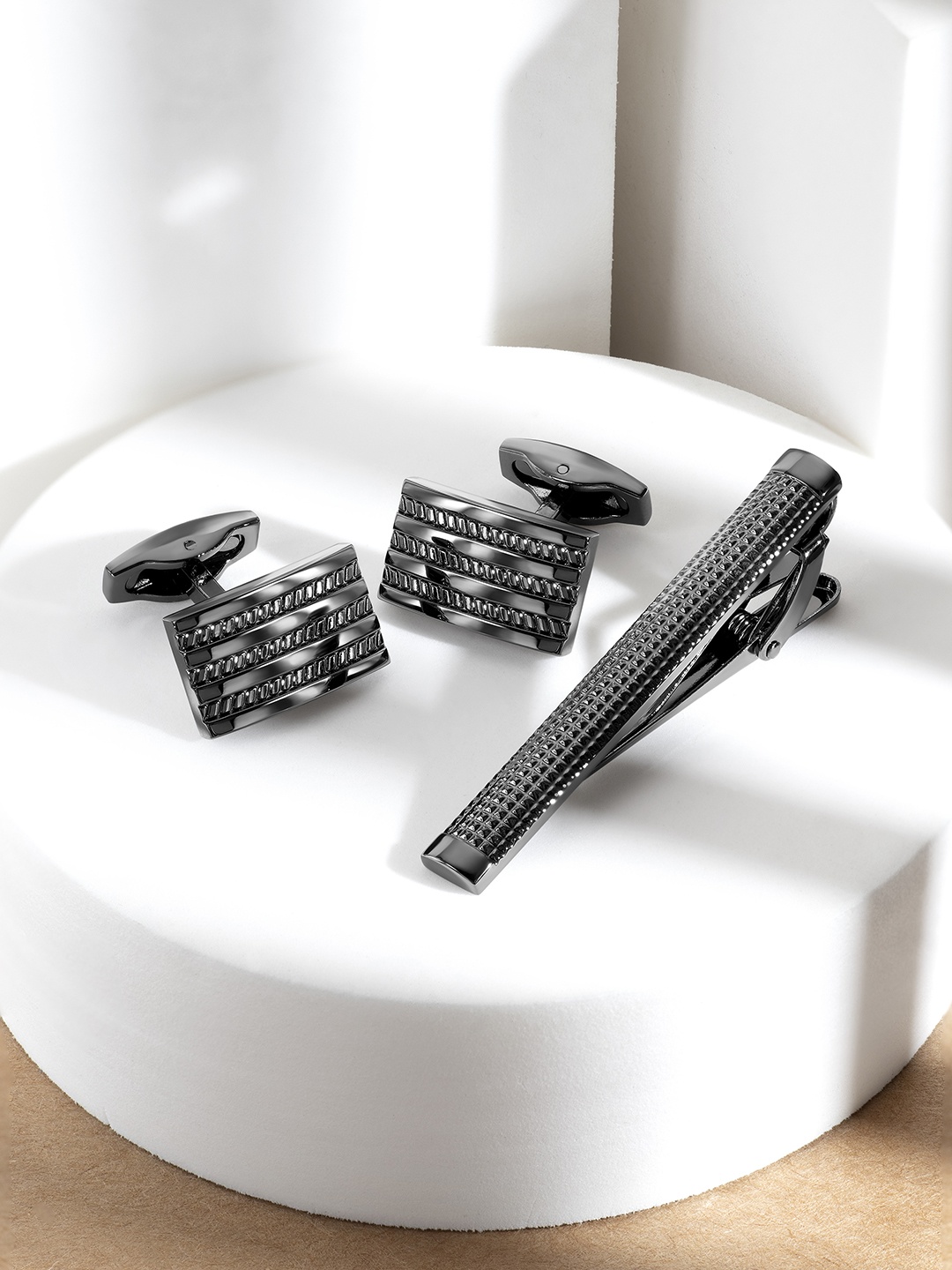 

Peora Set Of 2 Combo of Tie Pin & Cufflinks Set, Grey