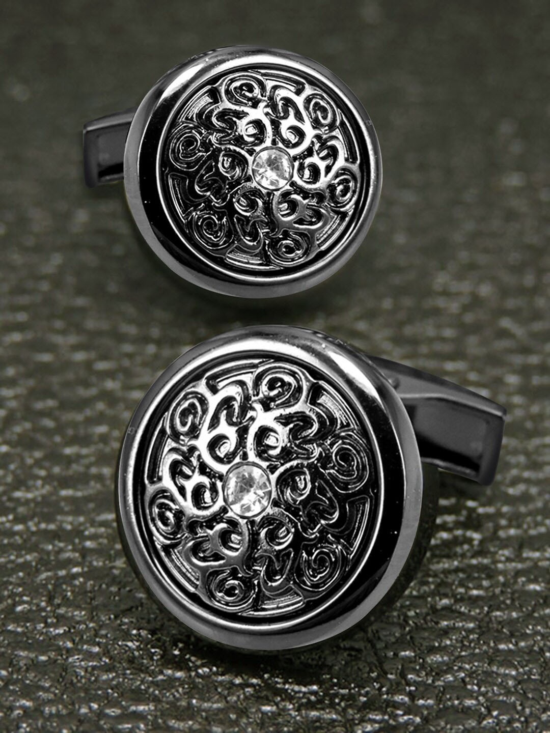 

Peora Men Silver-Plated Textured Round Cufflinks, Black