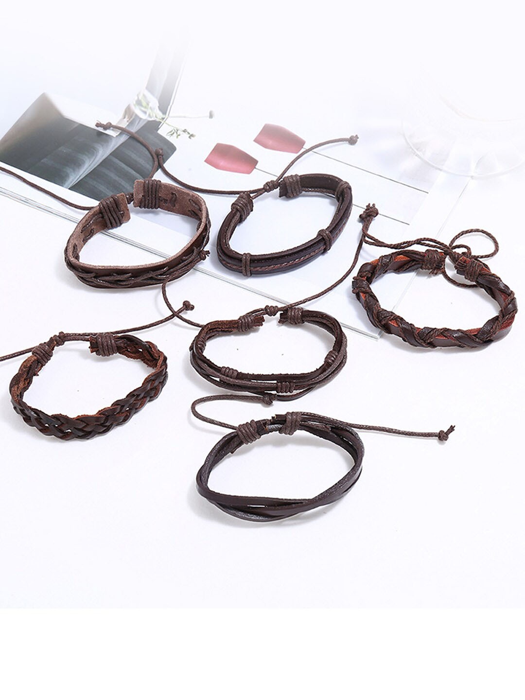 

Peora Men Set Of 6 Leather Multistrand Bracelets, Brown