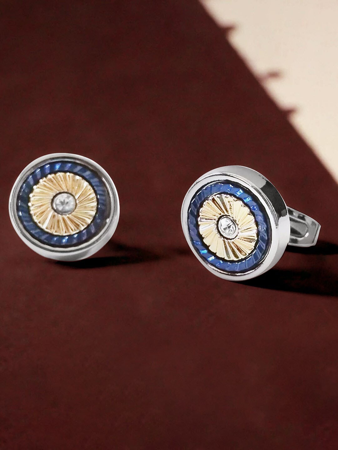 

Peora Men Silver-Plated Textured Round Cufflinks, Blue