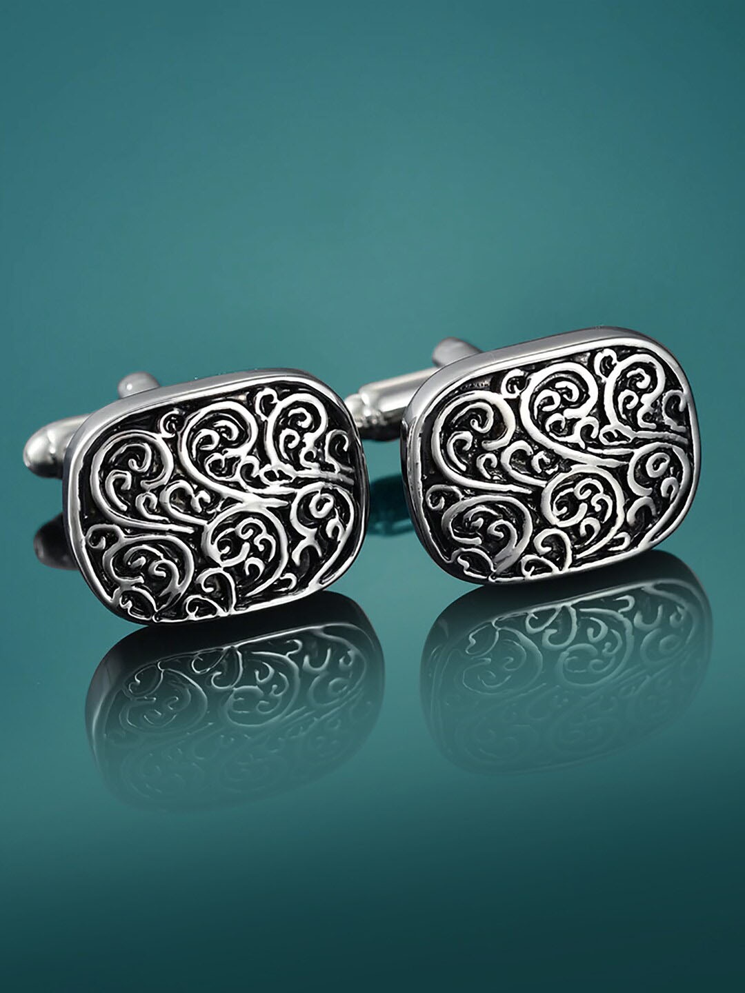 

Peora Men Silver-Plated Textured Cufflinks, Black