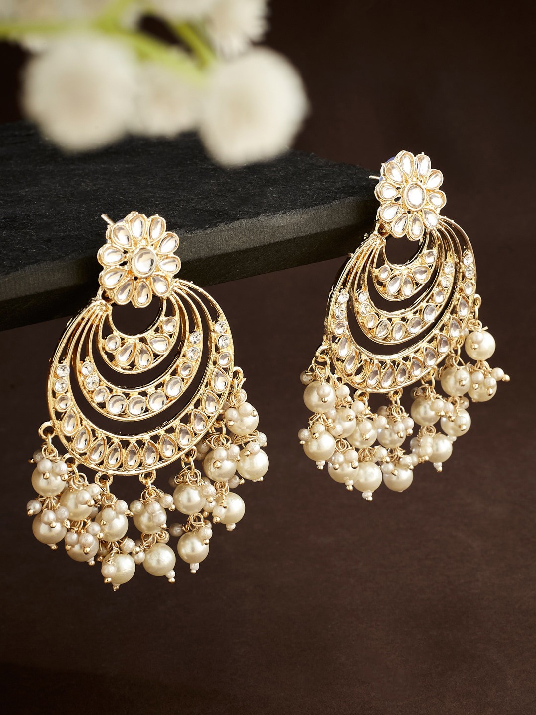 

ATIBELLE Gold-Plated Stone-Studded & Beaded Contemporary Chandbalis Earrings, White