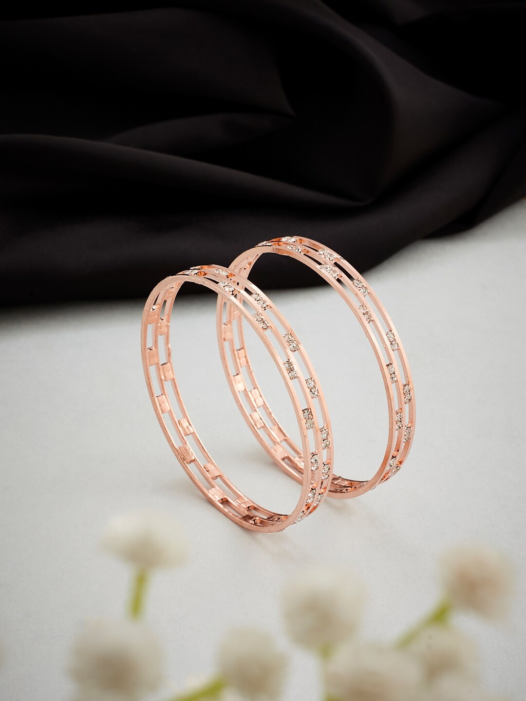 

ATIBELLE Set Of 2 Rose Gold-Plated Stone-Studded Bangles, White