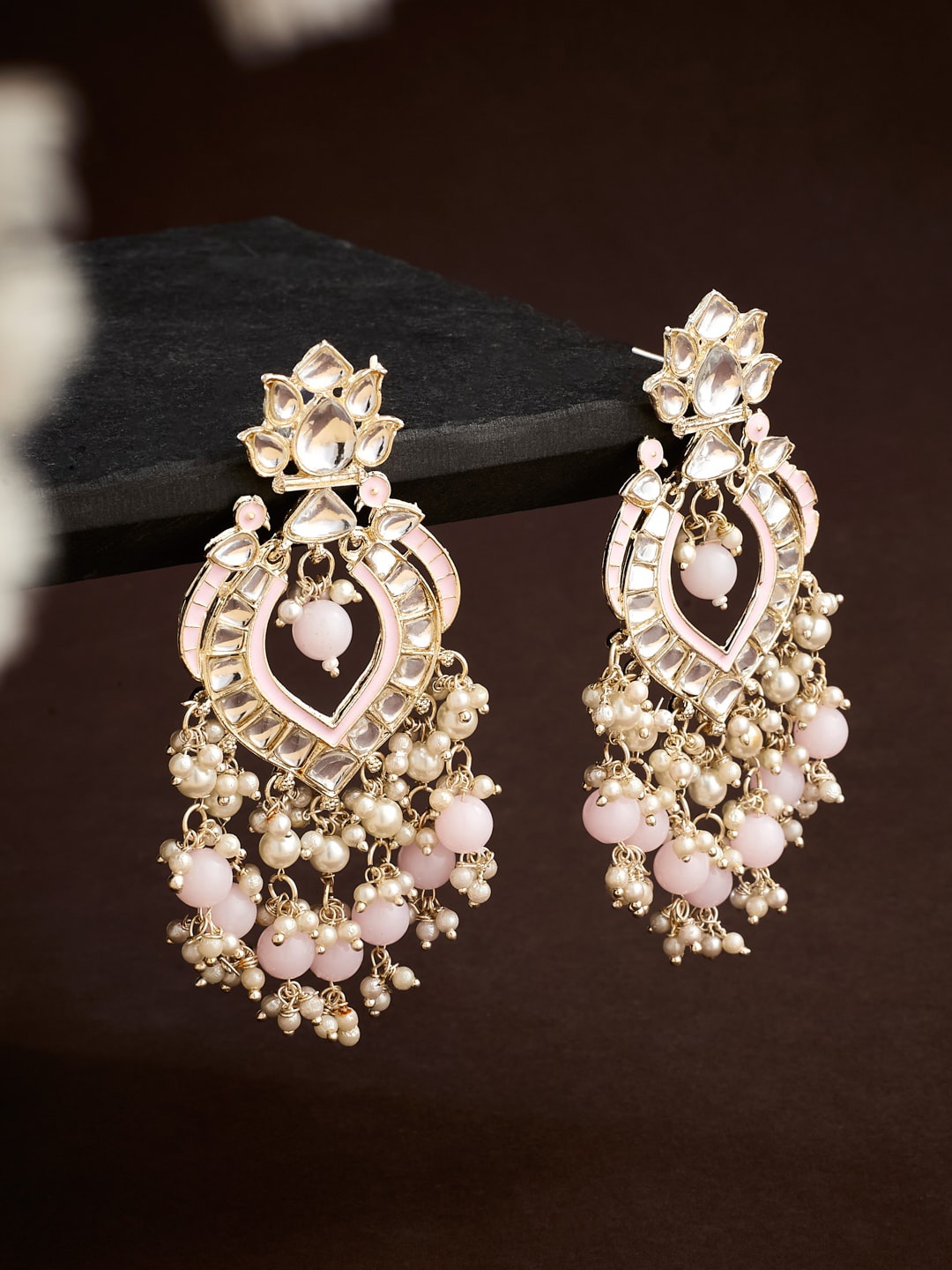 

ATIBELLE Gold-Plated Kundan Stone Studded Classic Chandbali Earrings, Pink
