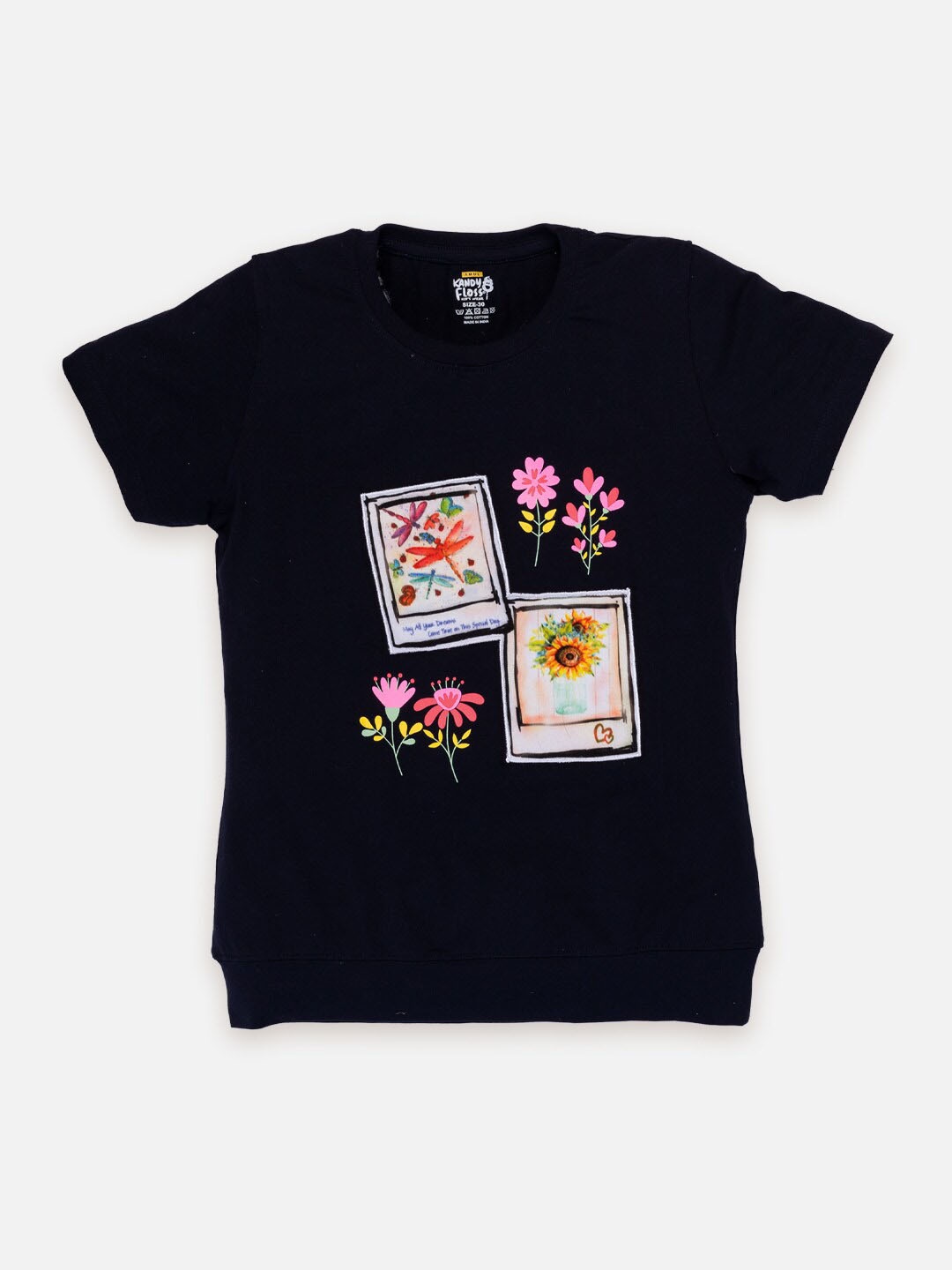 

AMUL Kandyfloss Girls Floral Printed Pure Cotton T-shirt, Black