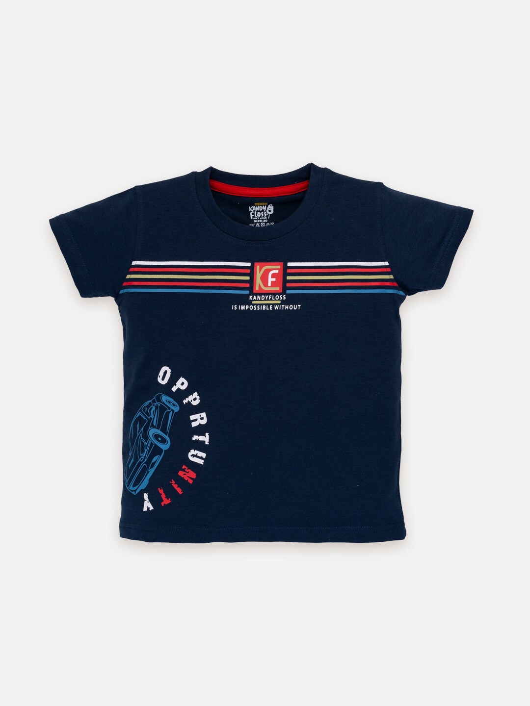 

AMUL Kandyfloss Boys Striped Pure Cotton T-shirt, Navy blue