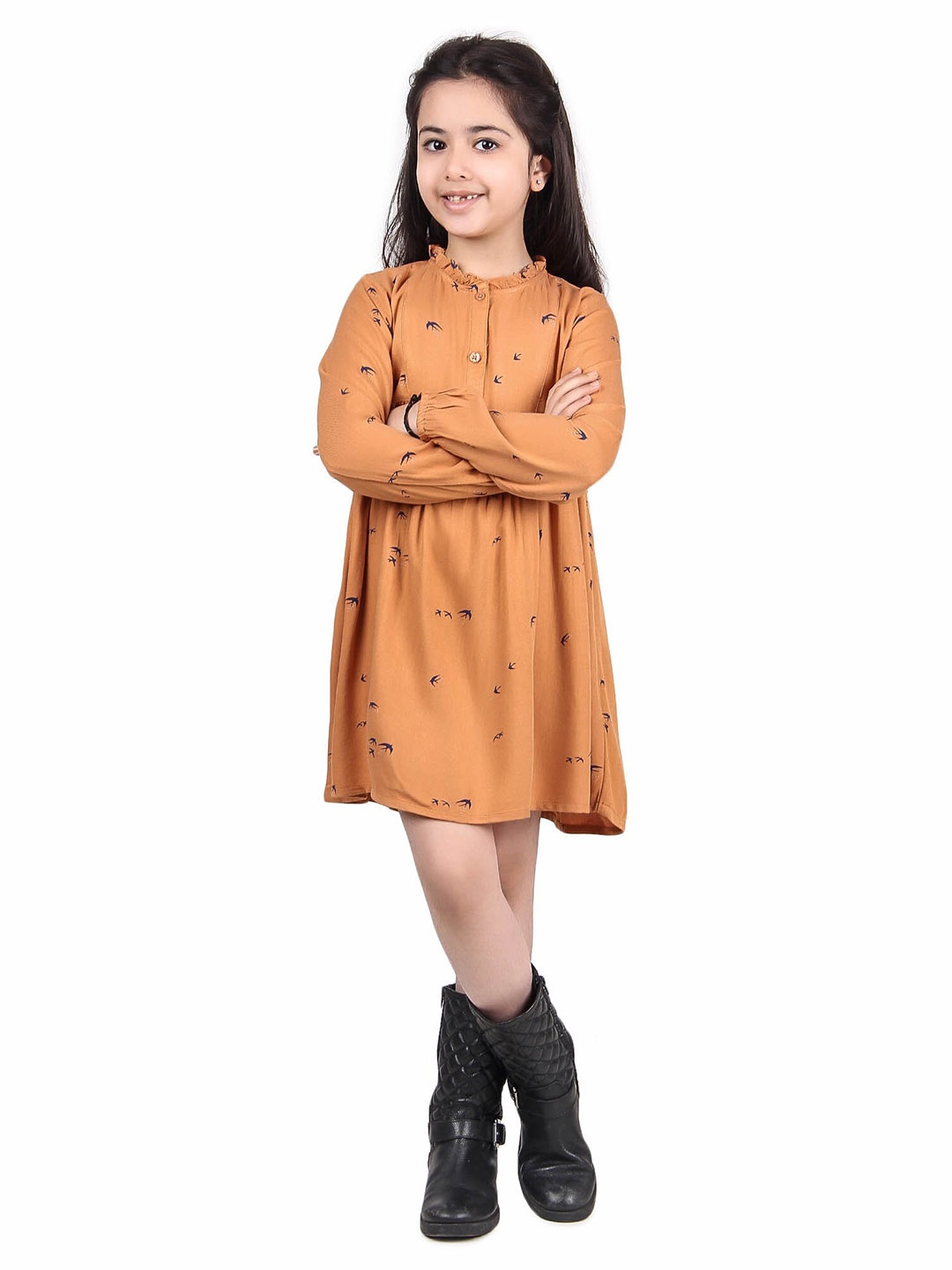 

Miyo Girls Round Neck Conversational Printed Cotton Fit And Flare Dress, Mustard