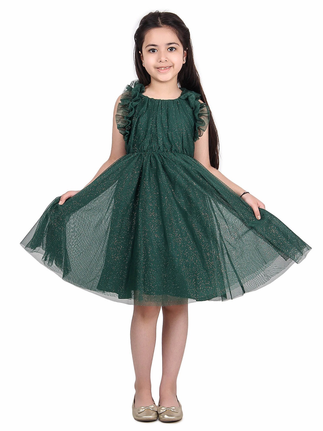 

Miyo Girls Round Neck Ruffles Fit And Flare Dress, Green
