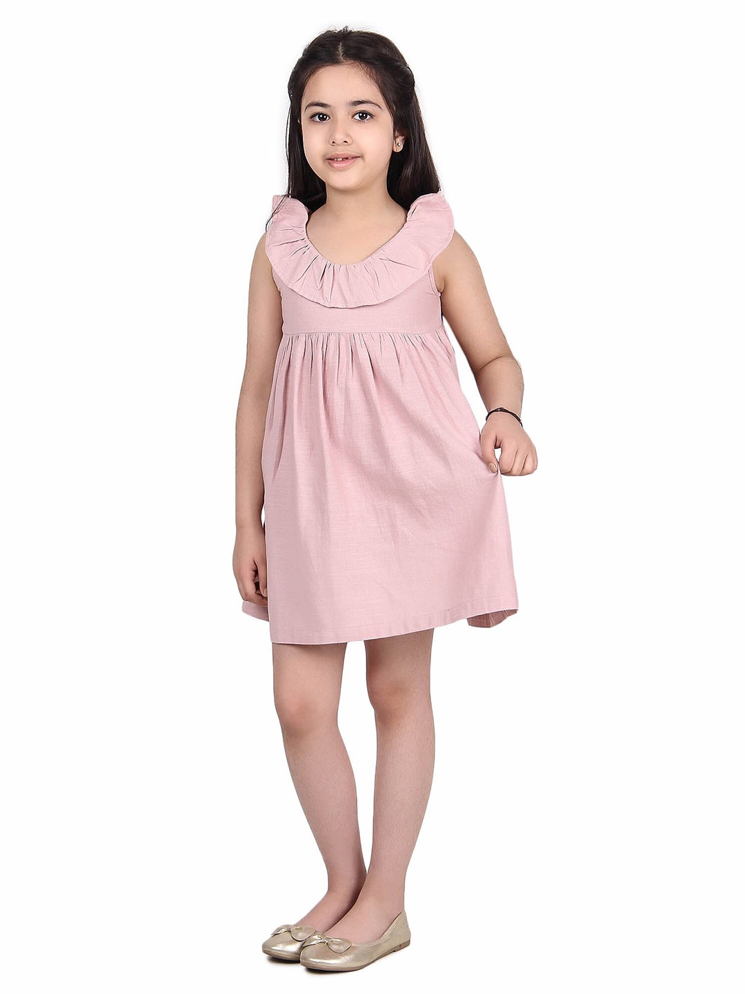 

Miyo Girls V-Neck Ruffles Cotton Fit And Flare Dress, Pink