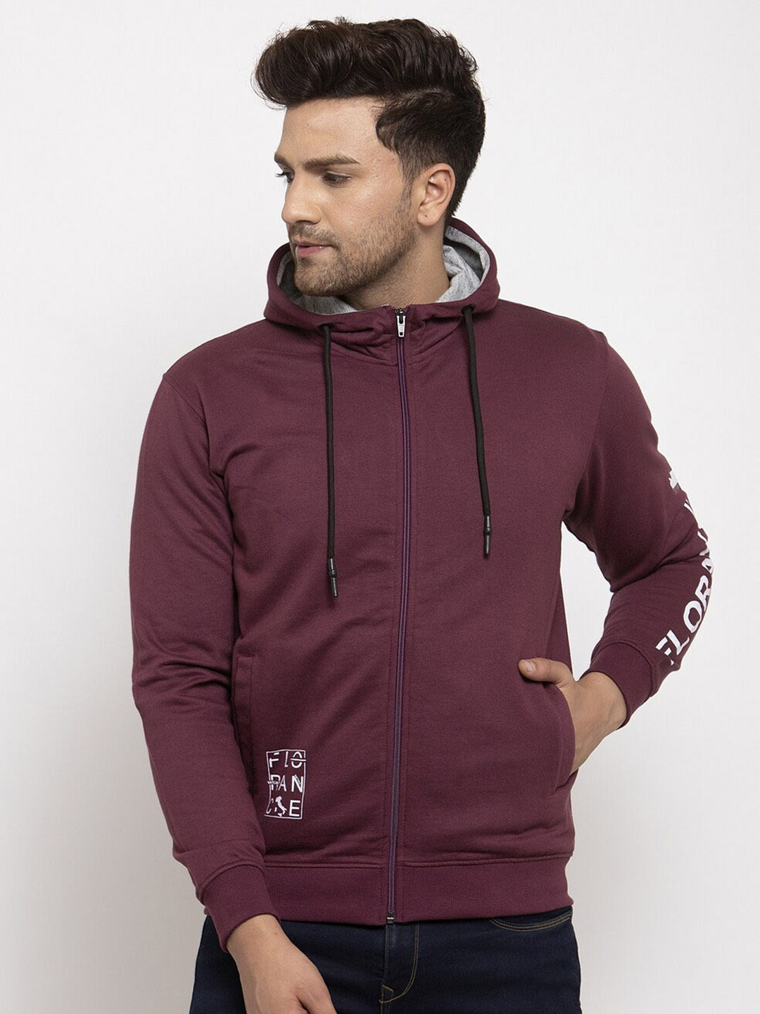 

Cantabil Men Hooded Printed Fleece Sweatshirt, Maroon