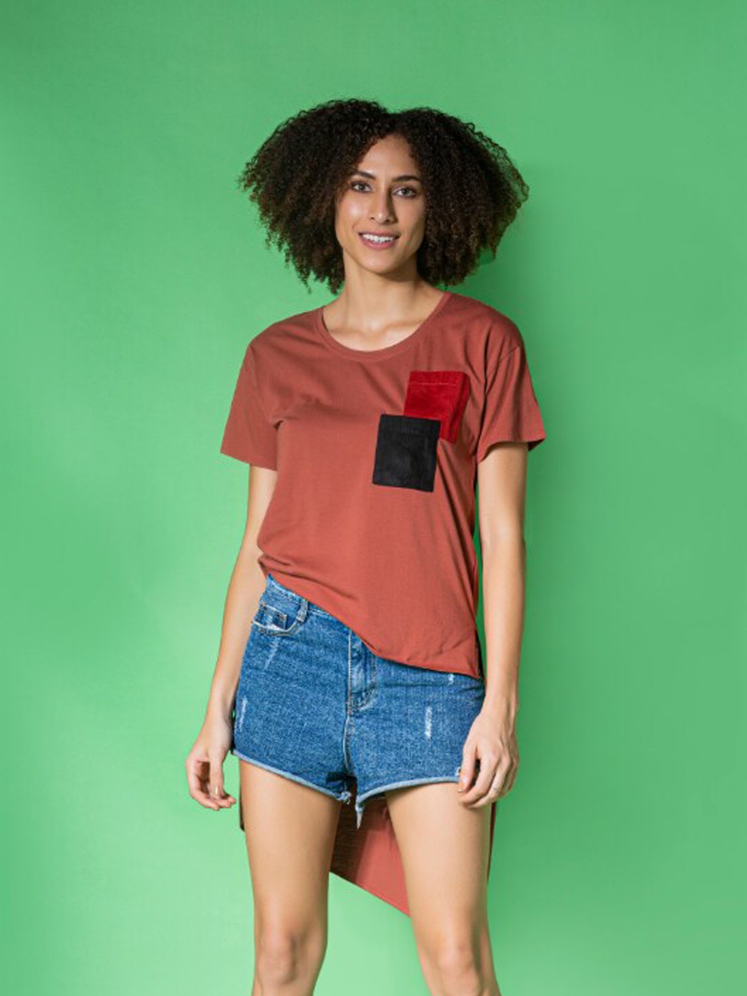 MKOAL Pure Cotton Round Neck High Low Hem Top, Brown