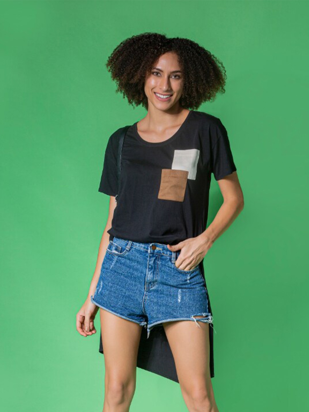 

MKOAL Pure Cotton Round Neck High Low Top, Black