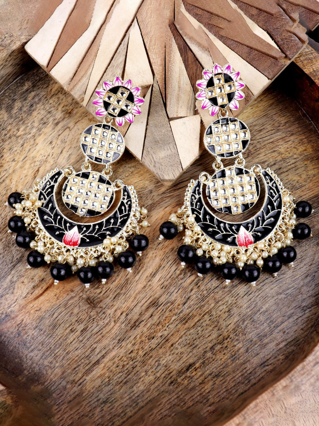 

Krelin Gold-Plated Meenakari Artificial Stones And Beads Circular Drop Earrings, Black