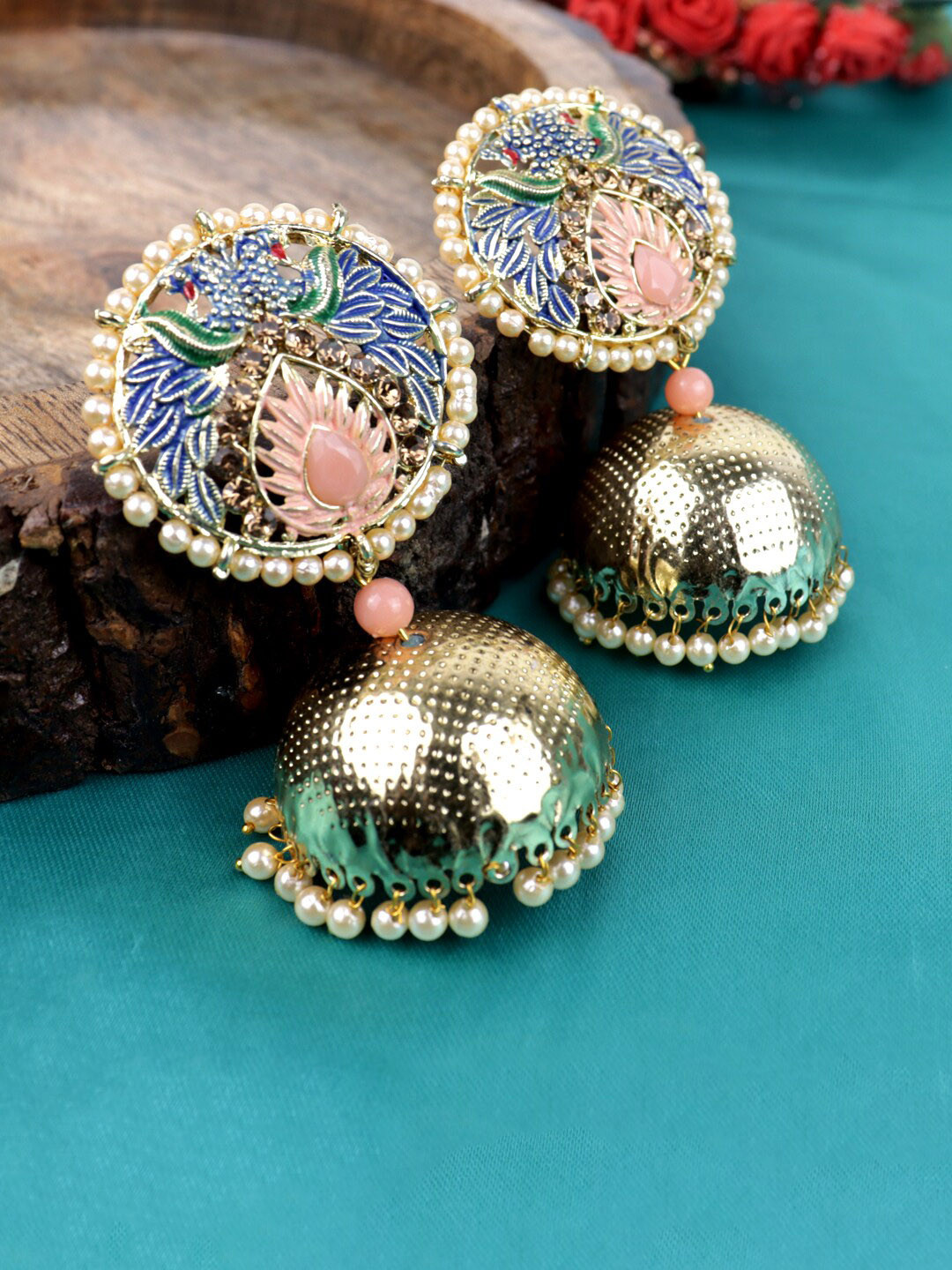 

Krelin Gold-Plated Artificial Stones and Beads Dome Shaped Jhumkas Earrings, Peach