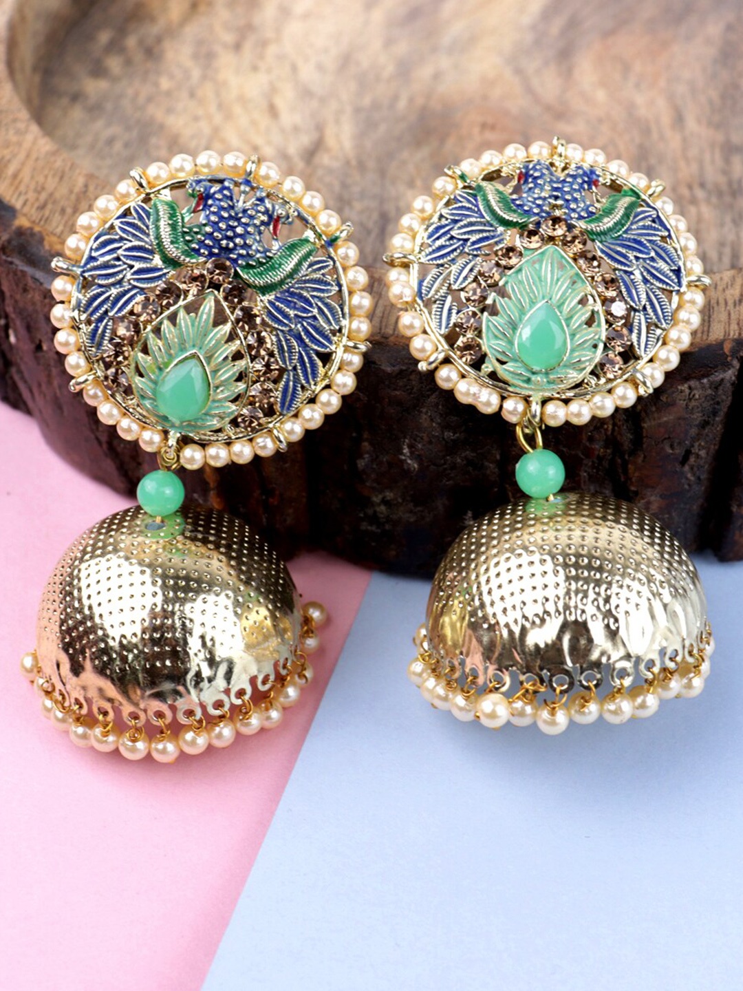 

Krelin Gold-Plated Meenakari Dome Shaped Jhumkas Earrings, Lime green